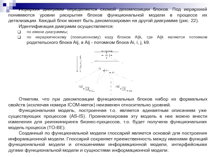 Иерархия диаграмм определяется схемой декомпозиции блоков. Под иерархией понимаются уровни раскрытия блоков функциональной модели в процессе их