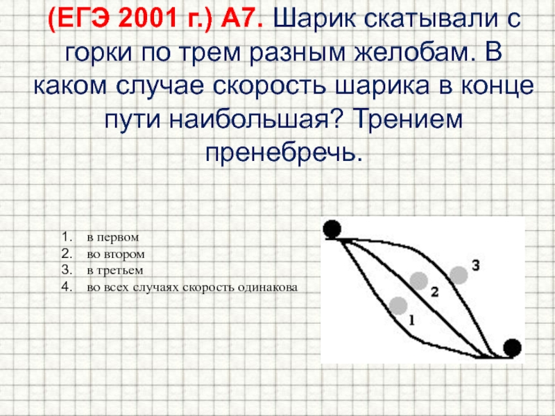 В каком случае больше. Шарик скатывали с горки по трем. Скорость шарика. Шарик скатывался с горки по трем разным желобам. Какой шар быстрее скатится.