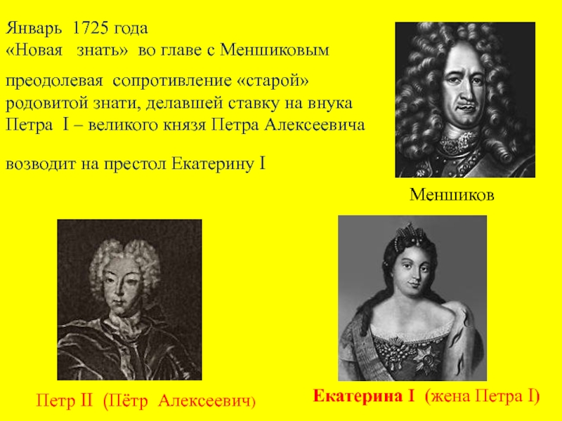 1725 — Возведение партией Меншикова на престол Екатерины i. Отстранение от власти а д меншикова