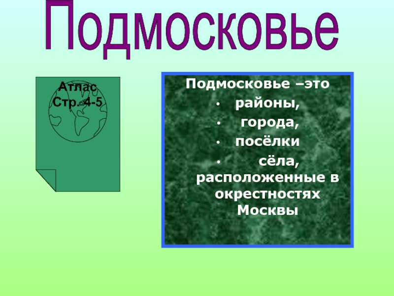 ПодмосковьеАтлас Стр. 4-5Подмосковье –эторайоны, города, посёлки   сёла, расположенные в окрестностях Москвы