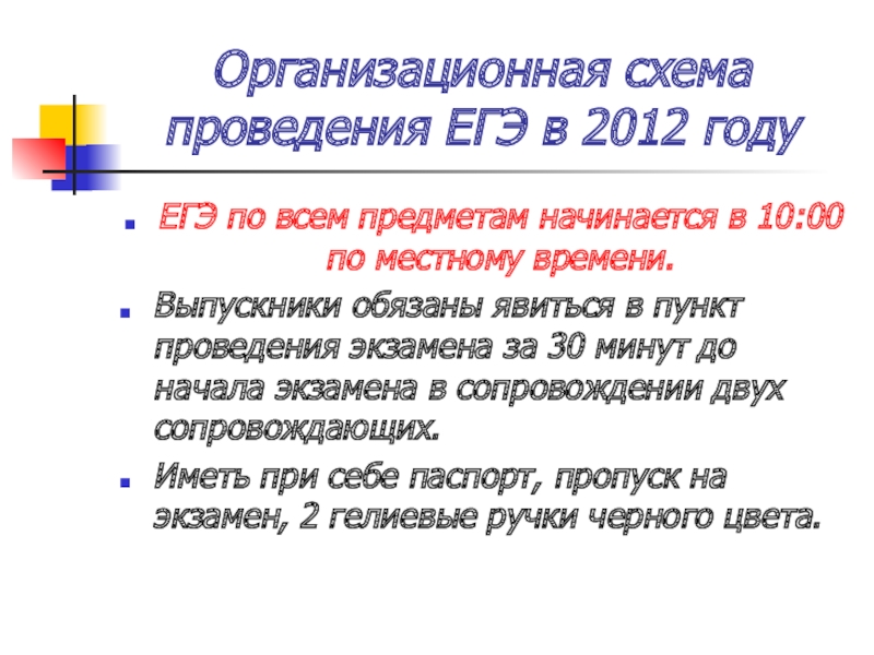 Организационная схема проведения ЕГЭ в 2012 году ЕГЭ по всем предметам начинается в 10:00 по местному времени.Выпускники