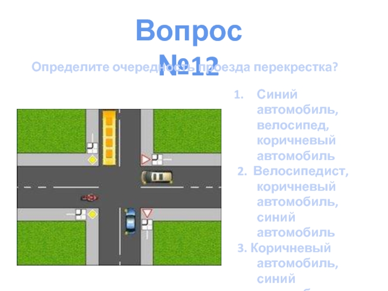 Тест пдд 1 класс с ответами. Определите очередность проезда перекрестка. Очерёдность проезда перекрёстка транспортными средствами. Тесты ПДД про перекрестки. Очерёдность проезда перекрёстка транспортными средствами велосипед.