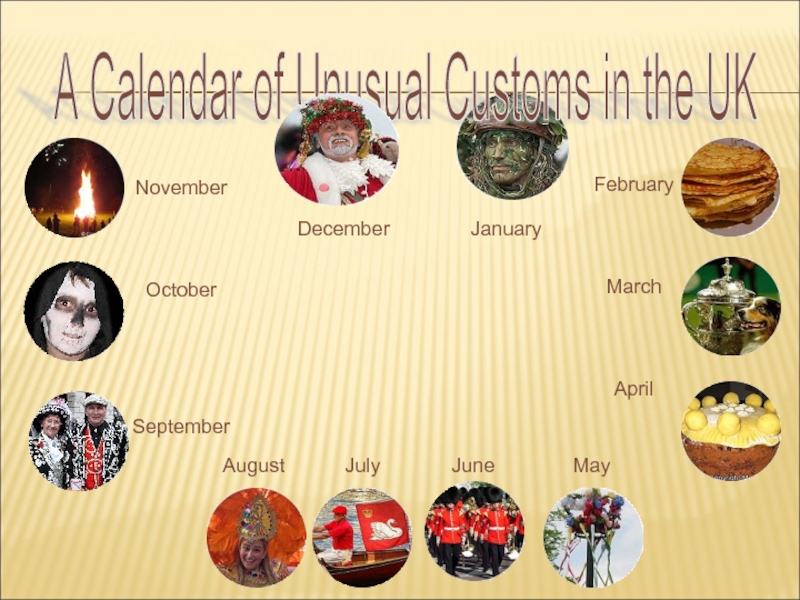 A Calendar of Unusual Customs in the UK FebruaryMarchAprilMayJulyJuneAugustNovemberOctoberSeptemberJanuaryDecember
