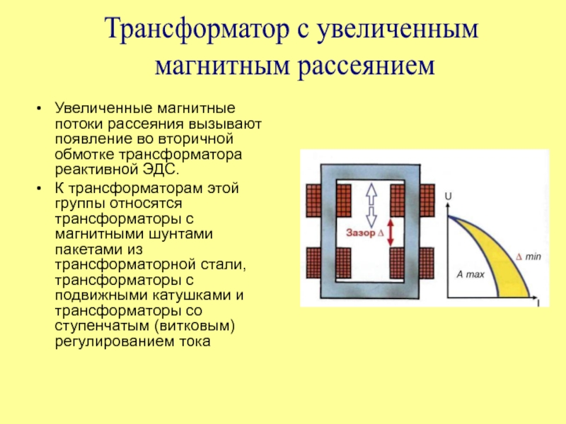 Источники питания
для сварки Увеличенные магнитные потоки рассеяния вызывают появление во вторичной обмотке трансформатора реактивной Увеличенные магнитные потоки рассеяния вызывают появление во вторичной обмотке трансформатора реактивной ЭДС.К трансформаторам этой группы относятся трансформаторы