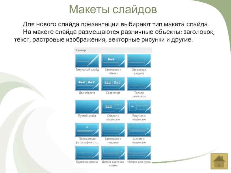 Типы макетов. Макеты слайдов. Вид макетов в презентации с. Макет слайда 