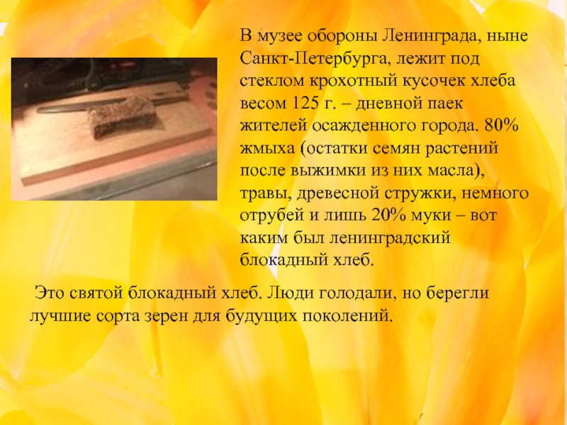 В музее обороны Ленинграда, ныне Санкт-Петербурга, лежит под стеклом крохотный кусочек хлеба весом 125 г. – дневной