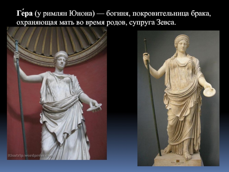 Ге́ра (у римлян Юнона) — богиня, покровительница брака, охраняющая мать во время родов, супруга Зевса.