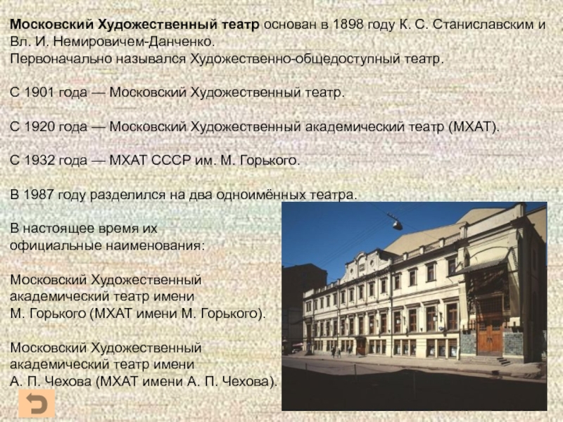 Московский Художественный театр основан в 1898 году К. С. Станиславским и Вл. И. Немировичем-Данченко.Первоначально назывался Художественно-общедоступный театр.С 1901 года —