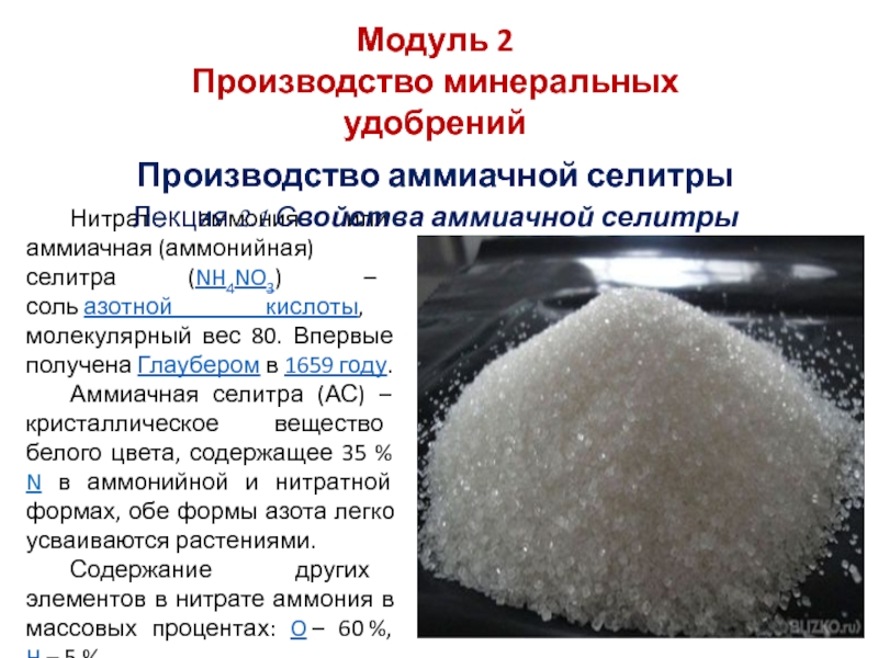 Нитрат аммония или аммиачная   (аммонийная) селитра ( NH 4 NO 3 )   – соль