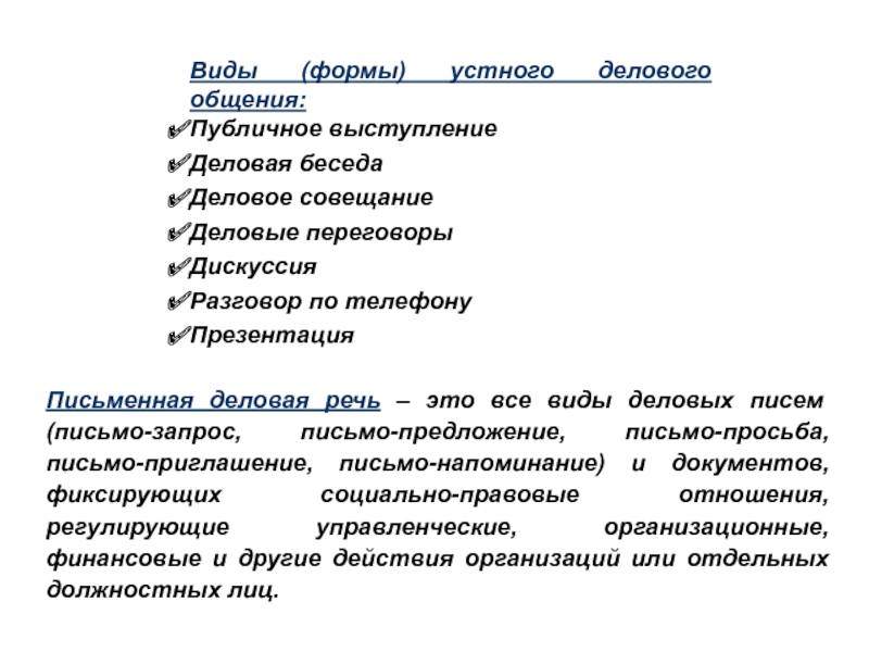 Виды (формы) устного делового общения:Публичное выступлениеДеловая беседаДеловое совещаниеДеловые переговорыДискуссияРазговор по телефонуПрезентацияПисьменная деловая речь – это все виды