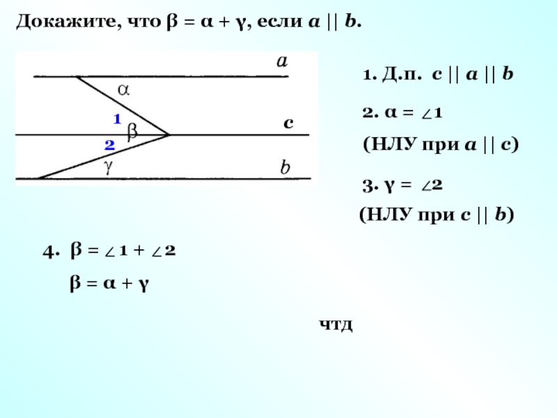 Докажите, что β = α + γ, если а || b.
с
1. Д.п. с || a || b
1
2
2. α = 1
(НЛУ