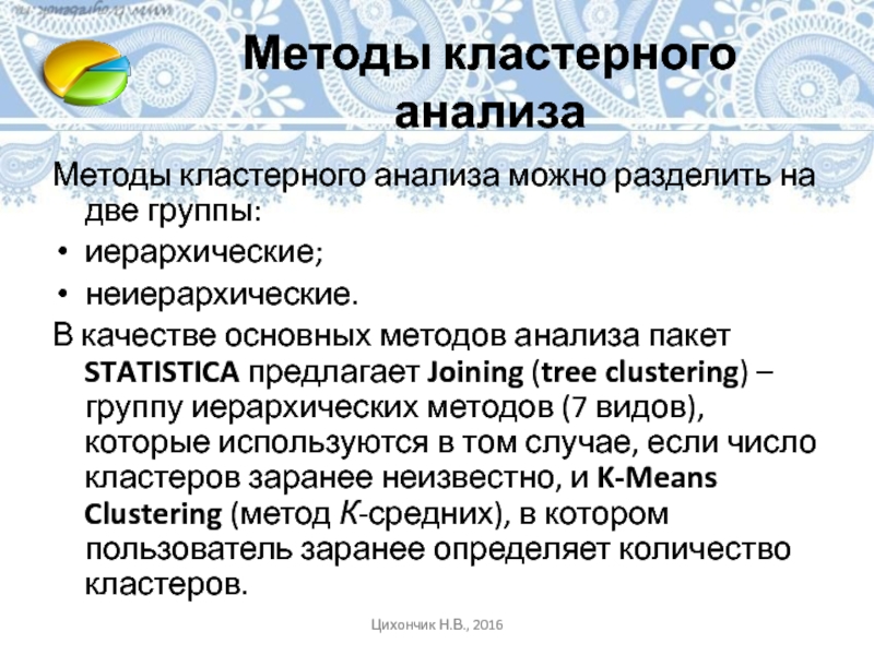 Методы кластерного анализа Методы кластерного анализа можно разделить на две группы: иерархические;неиерархические. В качестве основных методов анализа