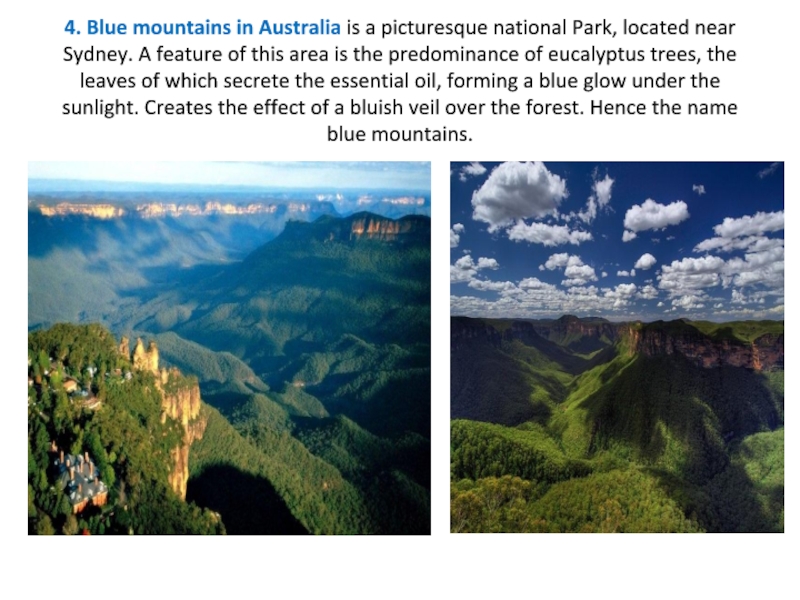 4. Blue mountains in Australia is a picturesque national Park, located near Sydney. A feature of this