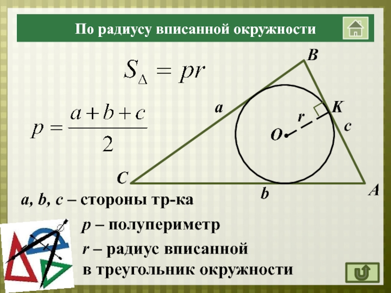 Площадь вписанного треугольника. Нахождение радиуса вписанной окружности. Формула радиуса вписанной окружности в треугольник. Формула нахождения радиуса вписанной окружности в треугольник. Радиус вписанной окружности в треугольник.