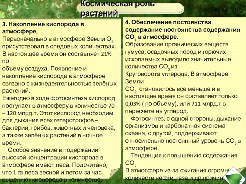 Космическая роль зеленых. Для образования кислорода растениям нужно.