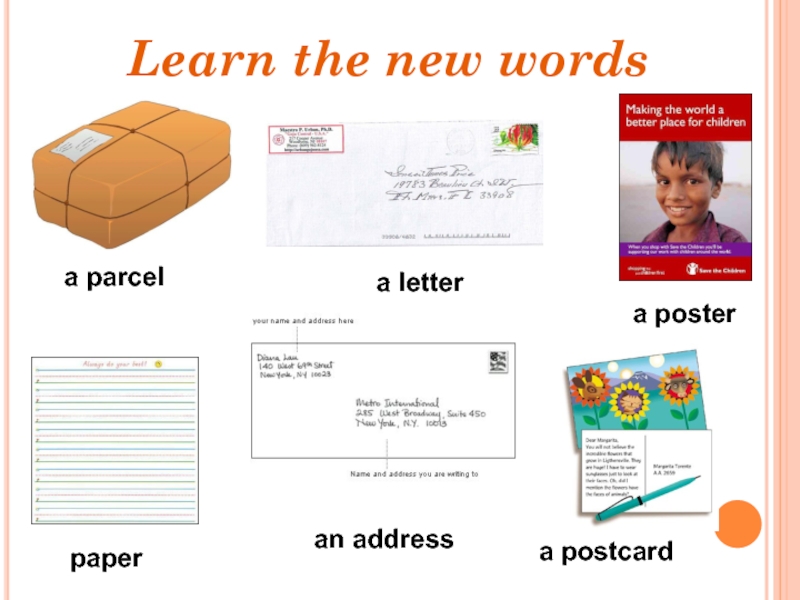 Learn the new wordsa parcel a poster papera postcarda letteran address