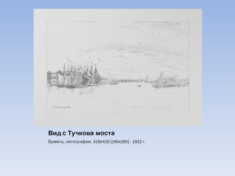Вид с Тучкова мостаБумага, литография. 310х410 (195х295) . 1922 г.