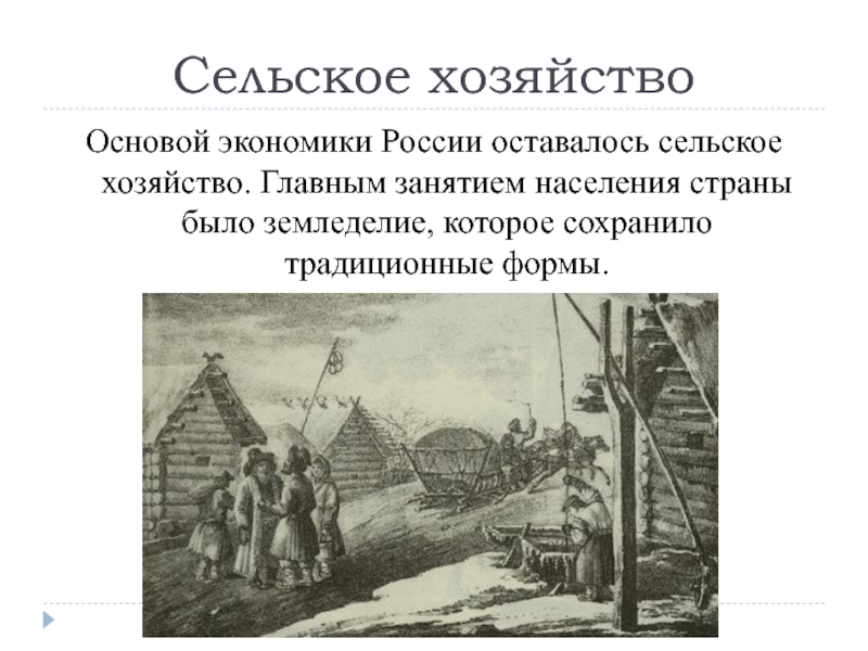 Сельское хозяйствоОсновой экономики России оставалось сельское хозяйство. Главным занятием населения страны было земледелие, которое сохранило традиционные формы.