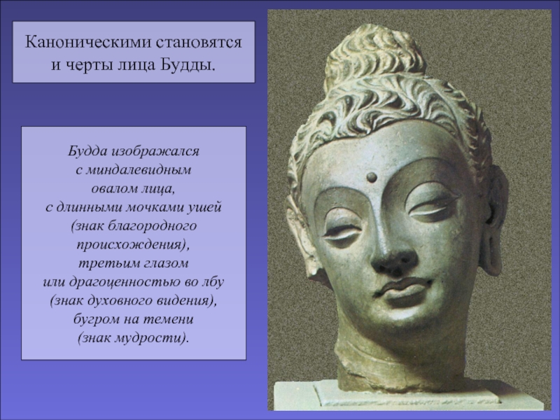 Каноническими становятсяи черты лица Будды.Будда изображалсяс миндалевиднымовалом лица,с длинными мочками ушей(знак благородногопроисхождения),третьим глазомили драгоценностью во лбу(знак духовного