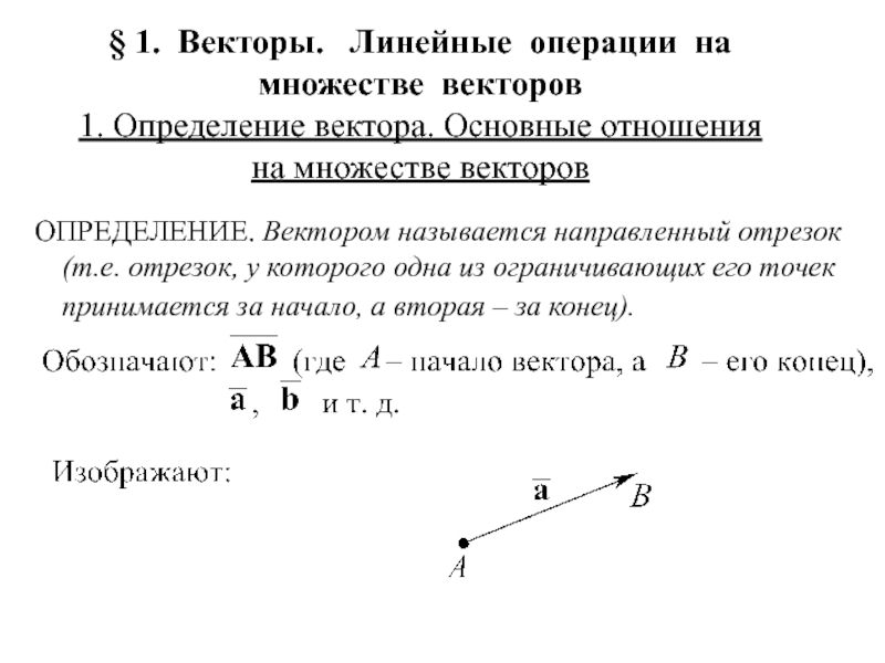 Презентация § 1. Векторы. Линейные операции на множестве векторов 1. Определение вектора