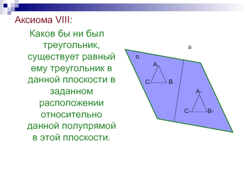 Плоскость данного треугольника. Каков бы ни был треугольник существует равный ему. Аксиома треугольника. Треугольник относительно плоскости. Аксиома существования треугольника.