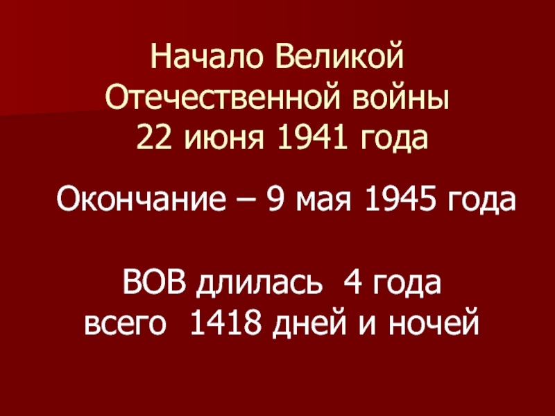 Начало Великой Отечественной войны   22 июня 1941 года ВОВ длилась 4 годавсего 1418 дней и