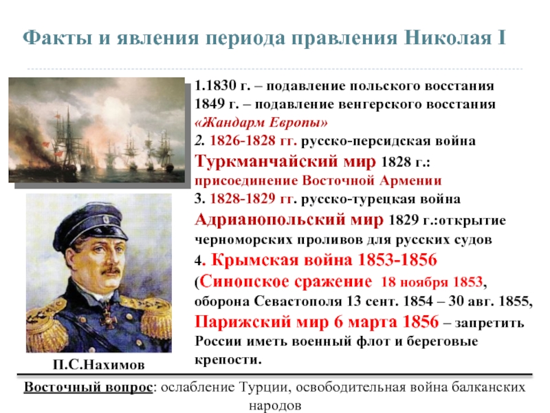 Факты и явления периода правления Николая I1.1830 г. – подавление польского восстания1849 г. – подавление венгерского восстания«Жандарм