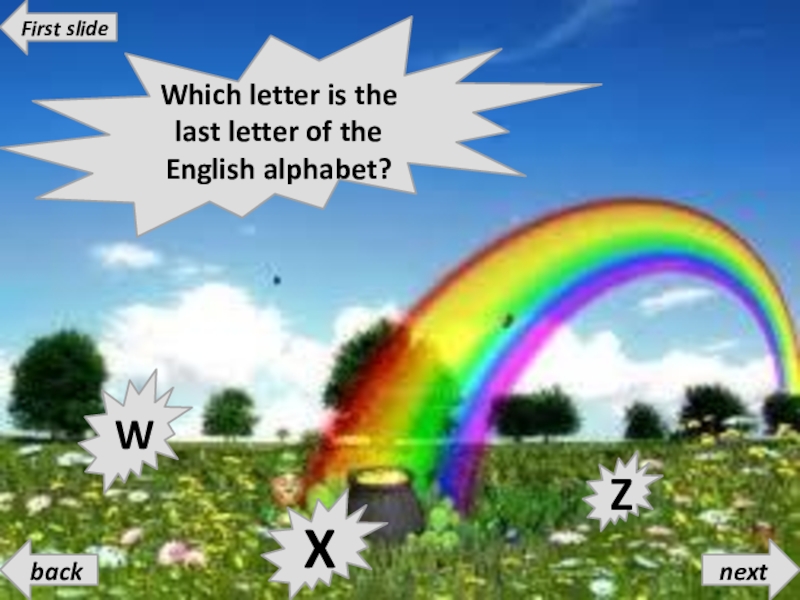 Which letter is the last letter of the English alphabet?ZXWFirst slidebacknext