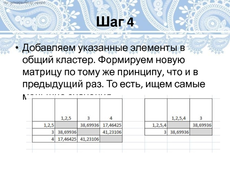 Шаг 4Добавляем указанные элементы в общий кластер. Формируем новую матрицу по тому же принципу, что и в