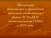 Программа подготовки и проведения итоговой аттестации в форме ЕГЭ в МОУ Комсомольская СОШ в 2010 году.