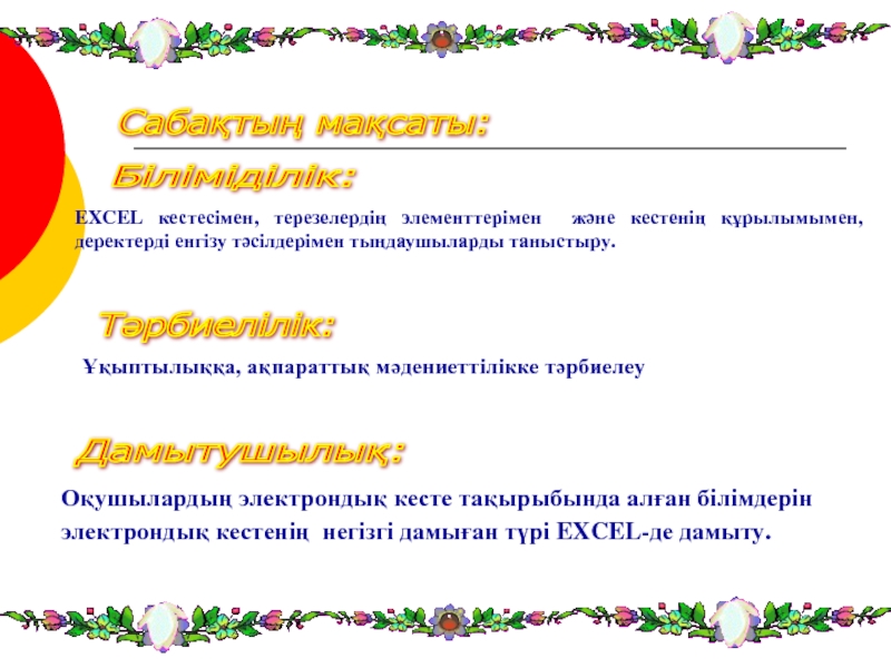 Сабақтың мақсаты: EXCEL кестесімен, терезелердің элементтерімен және кестенің құрылымымен, деректерді енгізу тәсілдерімен тыңдаушыларды таныстыру.Біліміділік: Тәрбиелілік: Ұқыптылыққа, ақпараттық