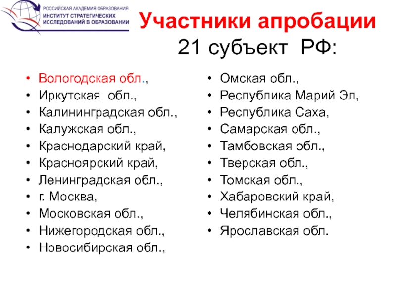 Участники апробации 21 субъект РФ: