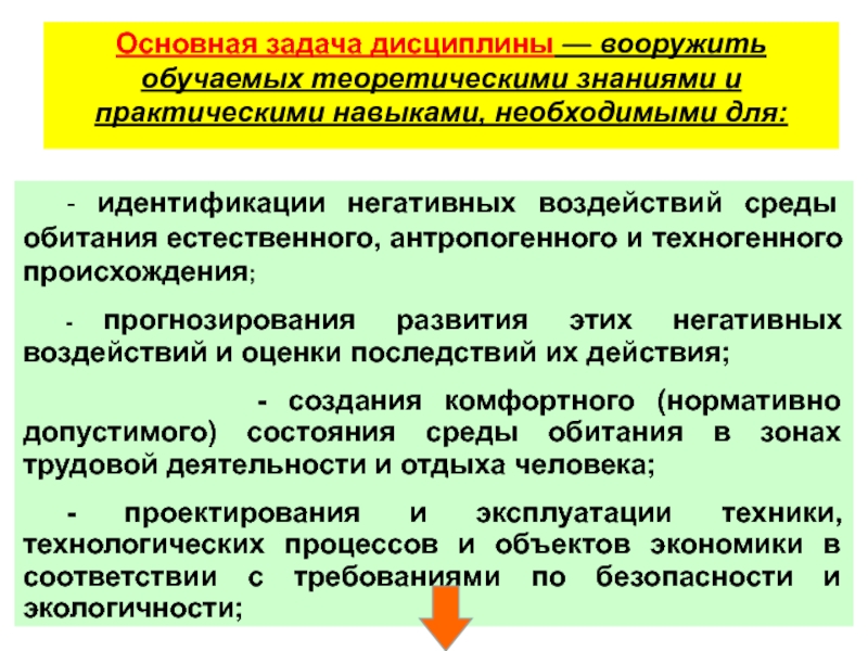 Теоретическими знаниями и практическими навыками. Основные задачи дисциплины. Теоретические и практические задачи дисциплины. Негативные воздействия естественного и техногенного происхождения. Технологические дисциплинарные задачи.