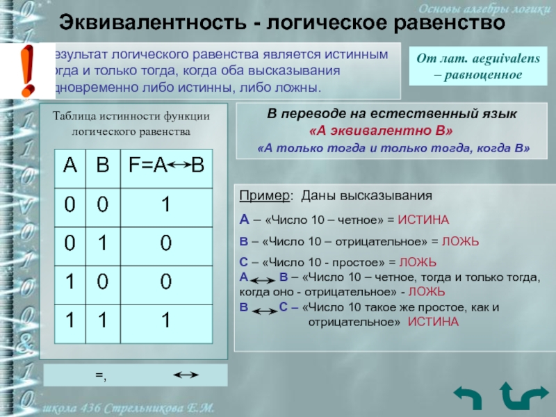 Логическое и ложно. Логическое равенство эквивалентность. Эквиваленция в логике. Эквивалентность Алгебра логики. Эквиваленция Алгебра логики.