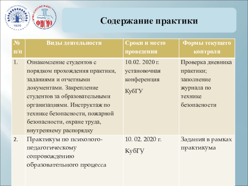 Требования к содержанию практики