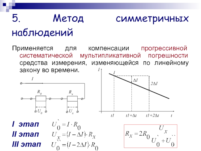 5. Метод симметричных наблюдений Применяется для компенсации прогрессивной систематической мультипликативной погрешности средства измерения, изменяющейся по линейному закону