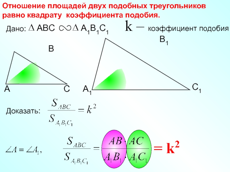 Площадь 2 подобных треугольников. Площади подобных фигур относятся как квадрат коэффициента подобия. Коэффициент подобия треугольников. Отношение площадей подобных треугольников. Коэффициент подобия площадей треугольников.
