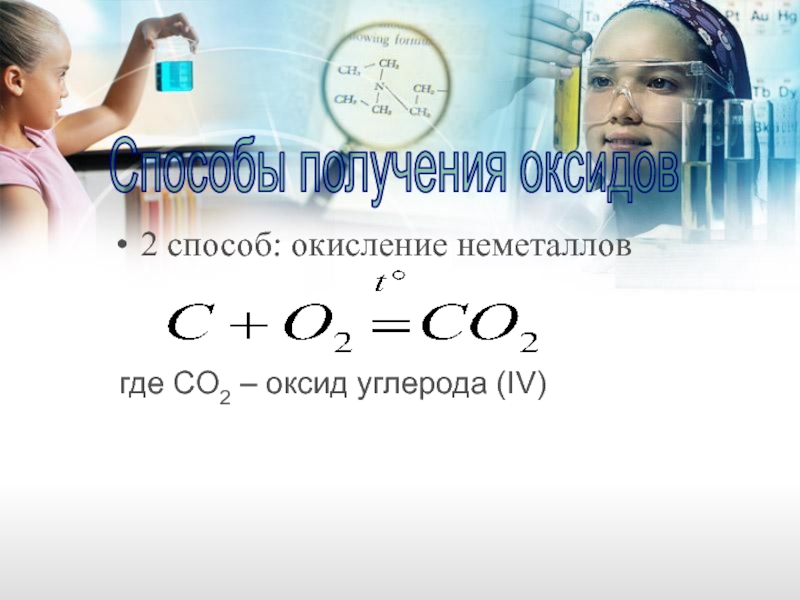 2 способ: окисление неметаллов где CO2 – оксид углерода (IV)Способы получения оксидов
