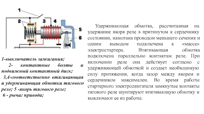 Принцип работы двухобмоточного тягового электромагнита реле стартера