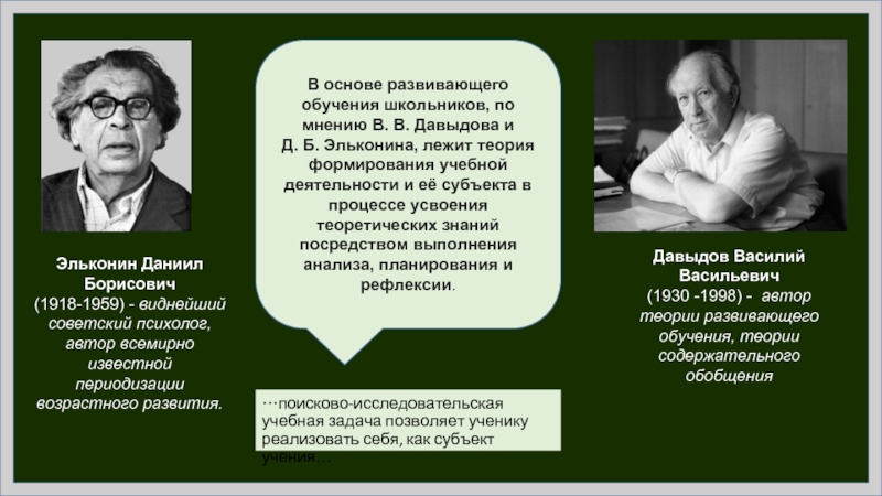Эльконин Даниил Борисович (1918-1959) - виднейший советский психолог, автор всемирно известной  периодизации возрастного развития.  Давыдов Василий Васильевич (1930