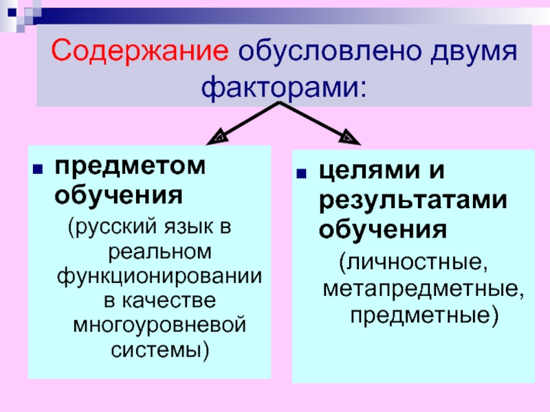 Содержание обусловлено двумя факторами:предметом обучения (русский язык в реальном функционировании в качестве многоуровневой системы)целями и результатами обучения(личностные,
