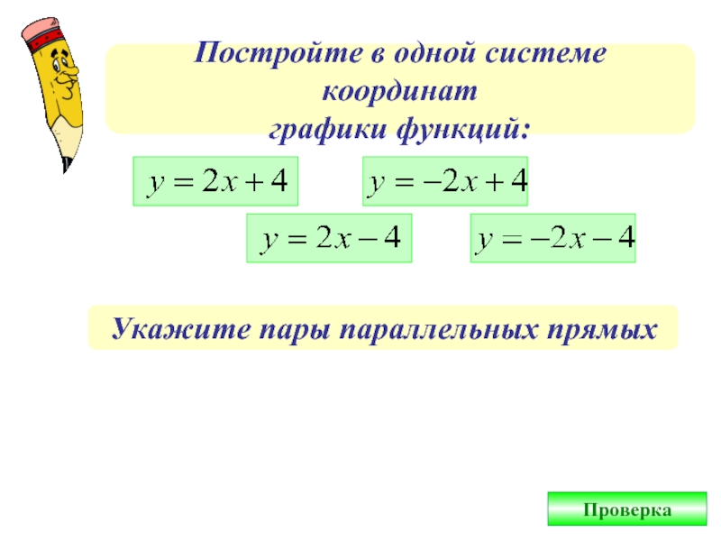 Постройте в одной системе координатграфики функций:Укажите пары параллельных прямыхПроверка