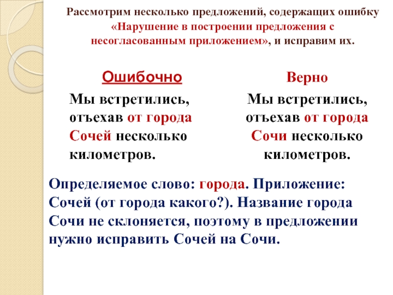 Ошибка в употреблении несогласованного приложения. Ошибка в построении предложения с приложением. Предложения с несогласованным приложением. Предложения с приложением примеры. Нарушение с несогласованным приложением.