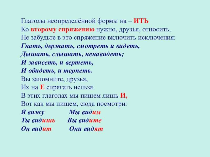 Видел формы глагола. Глаголы на ить. Глаголы-исключения в стихах. Стишок исключений 2 спряжения. Гнать спряжение глагола.