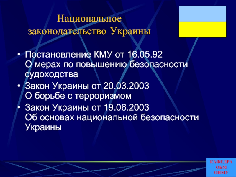 Национальное законодательство УкраиныПостановление КМУ от 16.05.92  О мерах по повышению безопасности судоходстваЗакон Украины от 20.03.2003