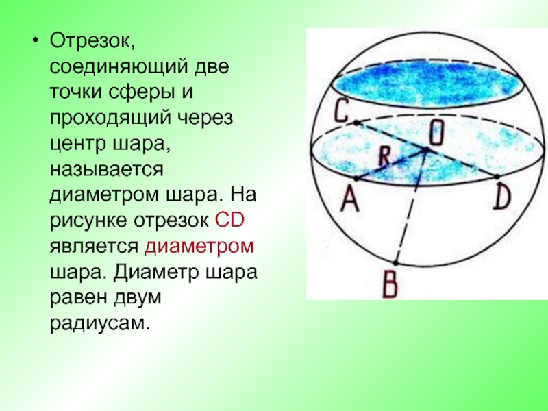 Диаметр является отрезком. Отрезок соединяющий две точки сферы. Отрезка соединяющий две точки сферы и проходящий через центр шара. Диаметром шара называется отрезок соединяющий. Отрезок на сфере.