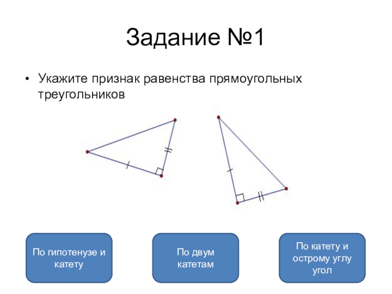 Задание №1Укажите признак равенства прямоугольных треугольниковПо двум катетамПо гипотенузе и катетуПо катету и острому углу угол