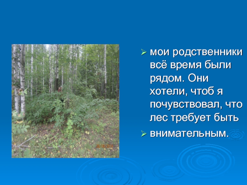 мои родственники всё время были рядом. Они хотели, чтоб я почувствовал, что лес требует бытьвнимательным.