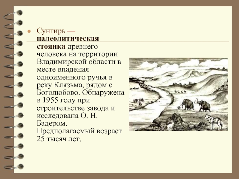 Сунгирь — палеолитическая стоянка древнего человека на территории Владимирской области в месте впадения одноименного ручья в реку