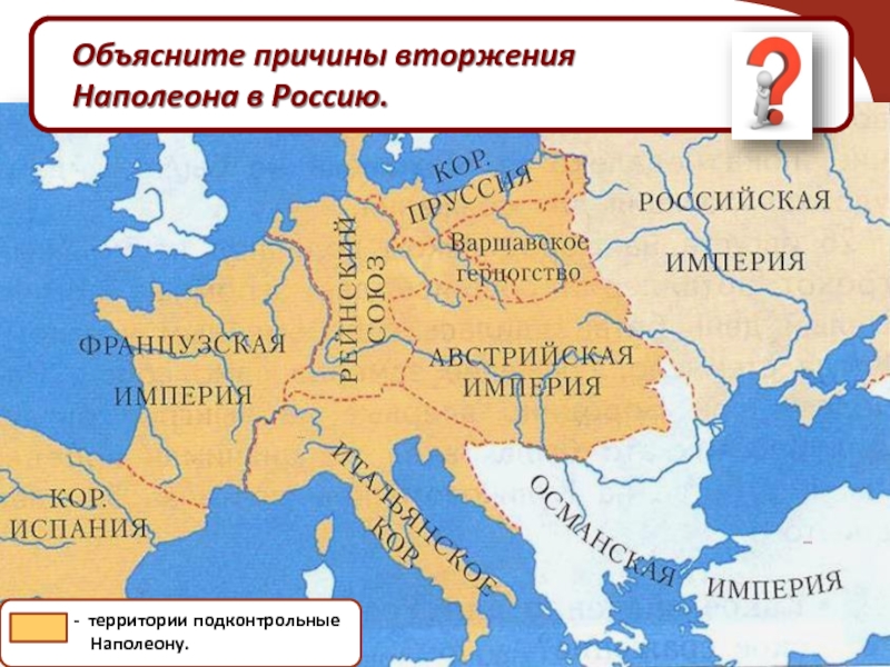 Объясните причины вторжения Наполеона в Россию.- территории подконтрольные Наполеону.